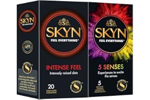 SKYN Lot de 25 Préservatifs: 20x Intense Feel (Perlé) + 5x '5 Senses' (Ultra-fin, Perlé, Cocktail, Chauffant, Effet Rafraichissant) | Préservatifs Sans Latex pour Homme | Taille Standard Diamètre 53mm