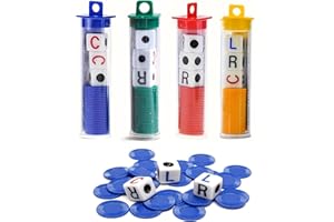 hioseyre 4 Tubes Left Right Center Dice Game, 4 Color Interactive 6 Sided Round Corner Dice Set Fun Games with 12 Dices + 96 Chips for Family Camping Game，dice games
