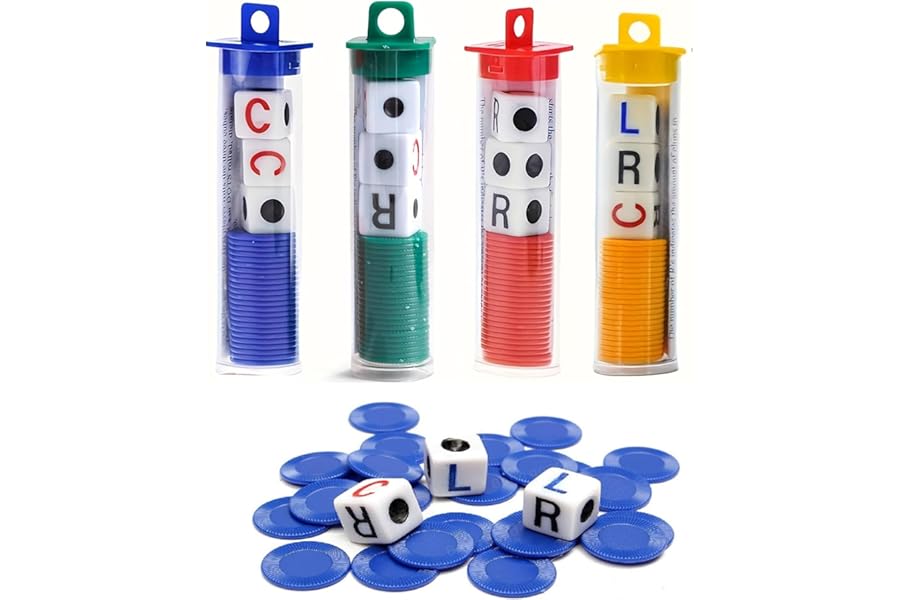 hioseyre 4 Tubes Left Right Center Dice Game, 4 Color Interactive 6 Sided Round Corner Dice Set Fun Games with 12 Dices + 96 Chips for Family Camping Game，dice games