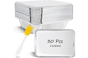 HMIEPRS 30 Stück Aluschalen Grill mit Deckel 1100ml, Alu Tropfschalen mit Silikonbürste, Aluminiumfolie Schalen Behälter, Wiederverwendbar Alu Grillschalen für Backen Braten Kochen, 22 x 16 x 5 cm
