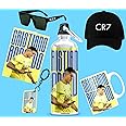 THEWHOOP Printed Cristiano Ronaldo Gift Combo Pack of Mug (350ml), Sipper Bottle (750ml),Keychain,Sunglass,Cap, Greeting Card, Birthday Gift Set for Cristiano Ronaldo Fans (Pack of 6) (Golden)