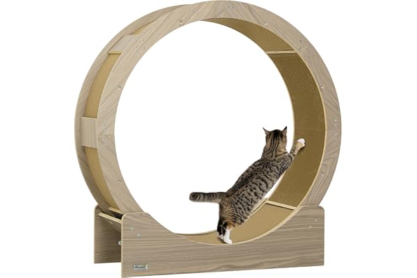 PawHut Roue d'exercice pour Chat 91 cm, Grande Roue de Course avec Frein sécurisé et Tapis de grattage Amovible, Tapis Roulant Ultra Silencieux, pour Perte Poids, santé d'animaux de Compagnie, Marron