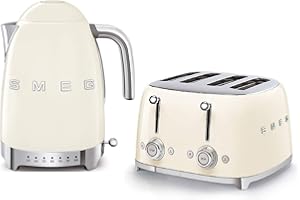 Smeg KLF04CRUK 1.7Ltr Variable Temperature Controlled Kettle and TSF03CRUK 4 Slice Toaster in Retro Cream