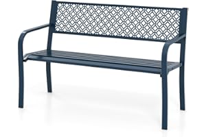 KOMFOTTEU Banc de Jardin pour 2-3 Personnes, Banquette de Parc en Métal, 127 x 59 x 82 cm, Fauteuil de Parc avec Dossier, Charge de 360KG, Assise à Lamelles, pour Balcon, Terrasse (Bleu)