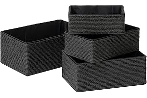 LA JOLÍE MUSE LA JOLIE MUSE Storage Baskets for Organizing Set 4 - Sturdy Woven Basket Paper Decorative Baskets, Stackable Storage Boxes for Makeup Closet Bathroom Bedroom Shelf (Black）