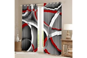 feelingyou Rot Grau Fenstervorhang 260x140cm,Moderne Zusammenfassung Vorhänge für Kinder Mädchen Gedrucktes,Retro-Kreis-Mode Gardine 2er-Set Fenster Vorhänge