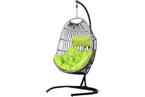 SH&G Hanging Egg Chair | Basket Chair, Stand & Cushion Set | Grey Rattan & Steel with Lime Green Cushion | Signature Homes and Gardens