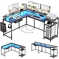 Jojoka L Shaped Gaming Desk,68" Computer Desk with Power Outlets & LED Lights, Home Office Table with File Drawer, Monitor Shelf and Hook, Two Person Table(Grey Oak)