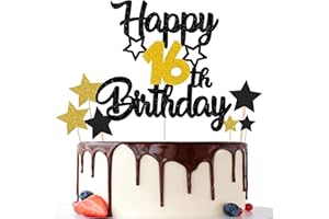 Gidobo 16th Birthday Cake Toppers, Black Gold Glittery Cake Decorations with Stars, Sixteen Years Old Birthday Party Supplies for Boys and Girls