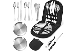 SRJEQC Set Posate Viaggio Acciaio per 2 Persone, 12 Kit Posate Camping Acciaio Inox con Cucchiaio Per Campeggio, Forchetta, Ciotola, Borsa Portatile, Stoviglie Campeggio Metallo per Picnic, Viaggi, Barbecue