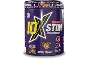 10X Athletic STIM Pre-Workout - Atomic Orange, No Caffeine Beta Alanine 450mg Caffeine Creatine Sugar Free Vegan Low Calorie, 600g 25/50 Servings.