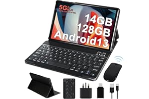 RUZAVA 2024 Newest Tablet 10 Inch Tablet Android 13 14GB RAM 128GB ROM (TF 1TB), Octa Core 2.0 GHz, 5G WiFi, Bluetooth 5.0, 8000mAh, 5MP + 8MP, FHD IPS Display, Tablet with Keyboard Mouse Case - Black