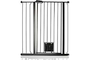 Bettacare Barrière pour Chien avec Chatière Verrouillable, 87.9cm - 95.5cm, Noir, Hauteur de 104cm, Barrière de Sécurité pour Animaux Extra Haute avec Chatière pour Chat