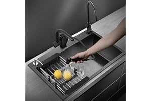 Senhill Lavello da Cucina in Acciaio Inox Fatto a Mano con 2 Fori Vasca Singola con kit di scarico e filtro cestello, 60 * 45 * 20cm (Nero)