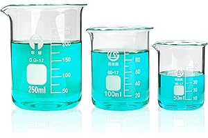 Omoojee Zestaw szklanych zlewek o niskiej formie, 50 ml, 100 ml, 250 ml, 3 szt. stopniowana miarka do laboratorium, klasy, użytku domowego