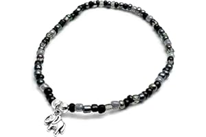 VILDA JEWELLERY Elephant Charm Beaded Anklet, Black and Grey Glass Seed Bead Mix with Silver Tone Charm : Size 10 inches, Wild Animal Lover Jewellery for Women