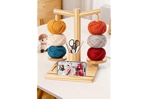 Homgaty Magnetic Yarn Holder - Wooden Yarn Ball Holder with Rotating Magnetic Rods for Knitting & Crocheting, Includes Phone Stand, Storage Compartments & Knitting Accessories (‎Natural Wood Colour)