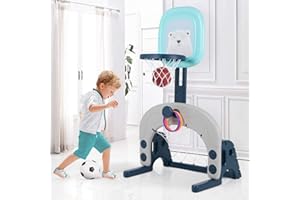 Hello-5ive Basketball Hoop Set, 3 in 1 Children's Basketball Hoop Stand, Easy Score, Adjustable Basketball Stand with Basketball, Football, Goal, Ring Throw, Indoor Outdoor for Boys Girls Age 2+