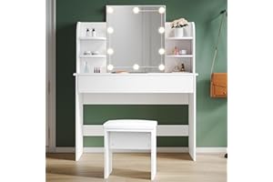 SUNXURY Schminktisch mit Beleuchtung und Hocker Kommode Frisiertisch modern Weiß Kosmetiktisch 108x40x140cm Schminktisch mit Spiegel Make Up Tisch