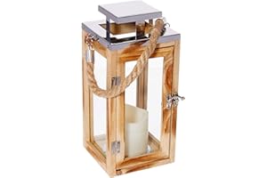 Lights4fun Lanterne en Bois de 26 cm avec Bougie LED à Piles avec Minuterie et Anse en Corde pour Déco Intérieur