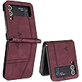 QIWEIQING Compatible for Samsung Galaxy Z Flip 3 Case, Galaxy Z Flip 3 for Women Girls Case with Card Holder PU Leather Detachable Wrist Strap Wallet Case for Galaxy Z Flip 3.Wine Red HX