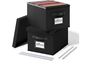Finew Upgraded Portable File Box with Lid, Collapsible Linen Document Storage Box, Suspension File Box with Plastic Slide, Hanging File Folder Box Suitable for Home and Office, 2 Pack (Black)