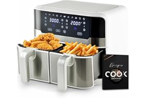 MasterPro Rocket Duo 900 | Freidora Sin Aceite Doble | Color Blanco | Capacidad de 9 L y 2400 W | Pantalla LED Táctil y Cesta Antiadherente | Freidora de Aire | 11 Funciones Diferentes en 1, Clásico