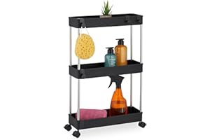 Relaxdays Nischenwagen, 3 Etagen, schmales Nischenregal für Küche & Bad, HxBxT: 62 x 41,5 x 14,5 cm, Rollregal, schwarz