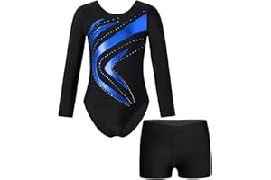 Aislor Kinder Gymnastikanzug Mädchen Glitzer Turnanzug Langarm Tanzbody mit Gymnastik Shorts Strass Turnbody Ballett Trikotbody Ballettkleidung Dancewear