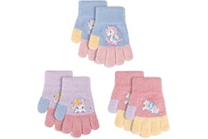 Jupsk 3 Pairs Girls Gloves Winter Knit Warm Stretch Fluffy Magic Glove Unicorn Mittens for Children Kids Toddler Ages 2-5 Years