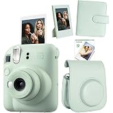 Instax mini 12 Yeşil Fotoğraf Makinesi-10'lu Film-&Ccedil;er&ccedil;eve-Kare Alb&uuml;m ve Deri Kılıf Seti