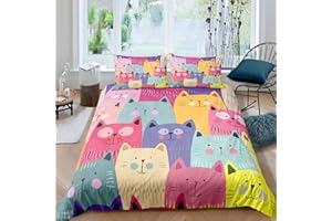 LOUSSIESD Set di biancheria da letto con gatti con simpatici animali, copripiumino singolo e copripiumino per ragazze e signora, con grazioso gatto e pesce per bambini e ragazzi, per la camera da letto rosa