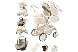 Gcarebb PU Leather 3 in 1 Pram, City Strollers with Car Seat, Portable One-Click Folding Walking Stick Stroller, Landscape Combined Strollers High Aluminium Frame