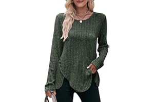 Jabeiyou Haut Femme Col Rond Automne Hiver Chic et Elegant Chaud Brossé Manche Longue Pull Casual Long Chemise Bouton Décoratif Irrégulier Couleurs Unies Tee Shirt Basique Top Taille S-XXL