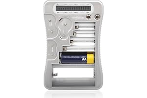 FISHTEC Universal Batterietester - Digitalanzeige der Spannung - Batterien AA/LR6, AAA/LR3, C/LR14, D/LR20, 9V, Knopfbatterien + ALKALIBATTERIEN - Grau