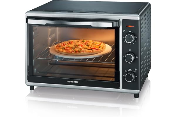 SEVERIN bak- och rostugn med varmluftsfunktion, miniugn med grillgaller, bakplåt, roterande spett och pizzasten, mångsidig varmluftsugn med 42 L kapacitet, 1 800 W, svart, TO 2058