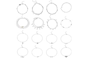 HEQISHUN 16pcs Tobillera Pulsera Plata, Pulsera Tobillera mujer Doble Cadena Pulsera Tobillera plata Ajustable Joyas Regalos para Mujeres Niñas Adolescentes