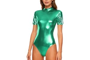 Freebily Damen Wetlook Body Kurzarm/Langarm Glänzend Metallic Tanzbody Ballett Leotard Turnanzug Trikot Disco Party Gogo Tanzkleidung