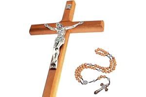 YI Boutique Crocifisso da parete, crocifisso cattolico fatto a mano, 20 cm, con rosario in legno, crocifisso da parete, crocifisso in legno da parete, croce cristiana da appendere alla parete