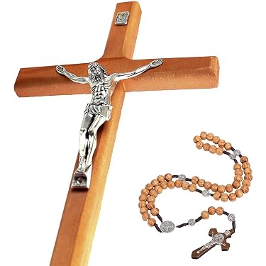 Collana Con Crocifisso In Legno D'ulivo Di Medjugorje - Artigianale, 3 Pollici, Con San Benedetto