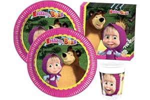 Isola Party Kit festa di compleanno Masha e Orso eco-friendly (16 piatti, 16 bicchieri, 20 tovaglioli)