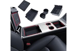 ASZSK 4 Pezzi Accessori per Tesla Model Y 2021-2024 Model 3 2021-2023, Organizer Consolle Centrale, Vano Portaoggetti per Bracciolo, Cassetto Nascosto e Porta Bevande [Non per modello 3 2024]