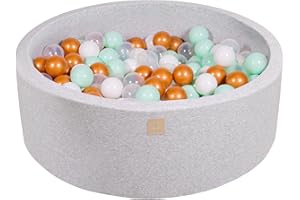 MEOWBABY Piscine À Balles pour Bébé - Rond 90x30cm Piscine a Balle pour Enfant avec 200 Balle, Coton, Gris Clair: Blanc/Or/Transparent/Menthe