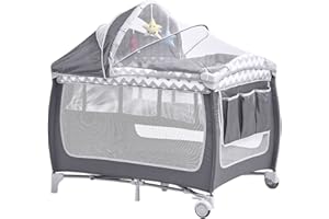 NICEME Travel Bed for Baby, Portable Baby Playpen with Entryway, Infant Toddler Bed, Folding Travel Baby Cot with bag (Grey/White, With Changing Table) BB-1