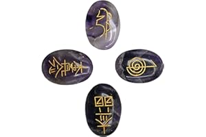 Amazing Gemstone Piedras de Reiki de Cristal Amatista con Símbolos Grabados para la Sanación de Reiki Usui, Juego de 4 Piezas (Set de Regalo de Reiki Hecho a Mano en la India) Amatista