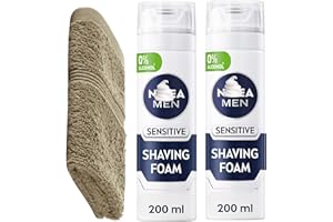 Men’s Sensitive Shaving Foam Mousse 200ml with Soft Aftershave Nest & Nibbles Face Cloths – Gentle, Non-Irritating Shave for Face & Body (1FaceTowel & 2ShavingFoam, Chamomile & Vitamin E Shaving Foam)