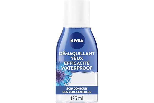 NIVEA Démaquillant Yeux Double Action au Bleuet (1 x 125 ml), nettoyant visage enrichi en eau purifiée, soin visage femme pour tous types de peaux, format voyage