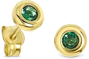 Miore Złote kolczyki dla kobiet, okrągłe kolczyki z kamieniem szlachetnym, kamień urodzenia, rubin, szmaragd, szafir, cyrkonia, białe złoto, żółte złoto, 9-karatowe złoto 375, kolczyki sztyfty 5,5 mm,