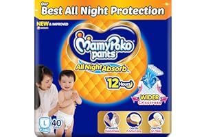 Mamypoko pants All night absorb| Pant Style Baby Diapers Large Size(L), 40 Count, Ideal for 9-14Kgs|1 Diaper= Upto All night Absorption|Wider Crisscross Sheet|Gentle Coco Care| 12hr Leakage Protection| Prevents Heaviness.