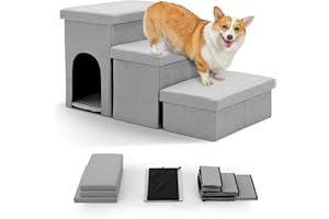 The Fellie Dog Steps for Bed, Dog Stairs for Small Medium Dogs Cats, Pet Stairs with Storage and Condo, 3-Steps Folding Dog Ramp, Non-Slip Safety Dog Steps for Old & Injured Pets, Grey, 80x43x42cm